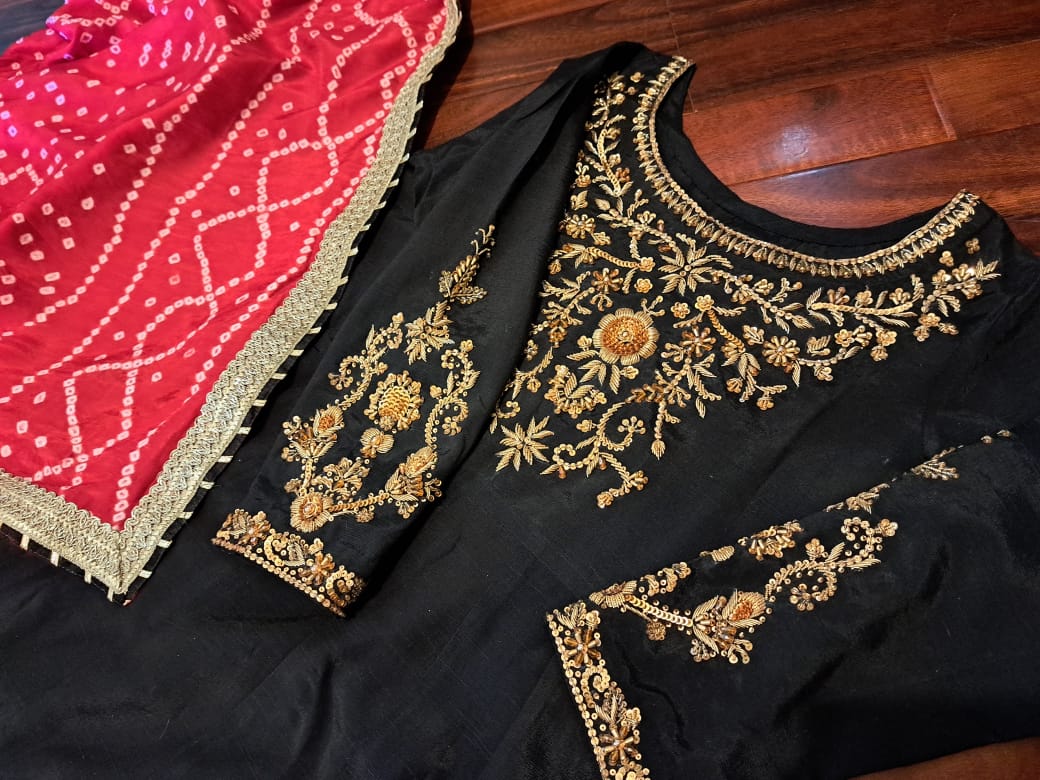 Korean raw silk handmade zardozi work with chunri dupatta