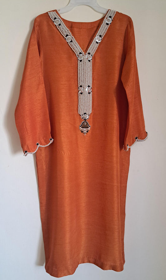 Korean Raw Silk Kurta With Pearls Work on Neckline And Sleeves