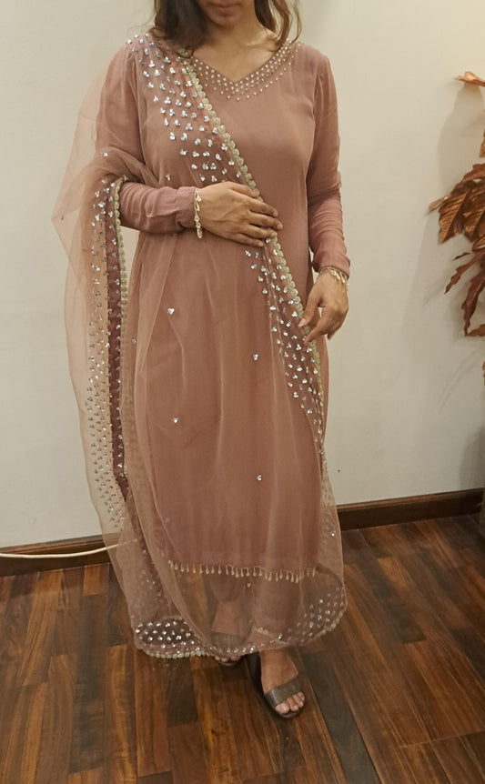 Pure Shiffon Georgette Shirt Raw Silk Pants With Homemade Sequence Work Dupatta Complete Dress With Stitching And Designing