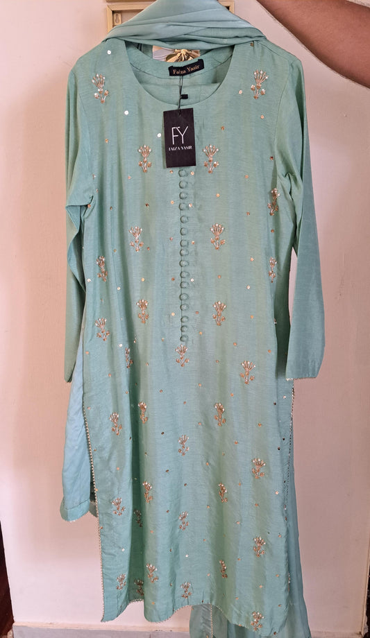 Shirt Trouser Korean Raw Silk Zardozi Bunches On Shirt And Sequence Spray On Dupatta On Pre-order